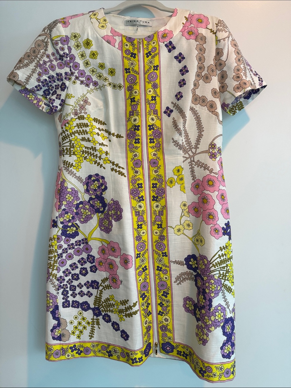 Trina Turk White Mini Dress with Yellow Trim and Pink & Purple Floral Print